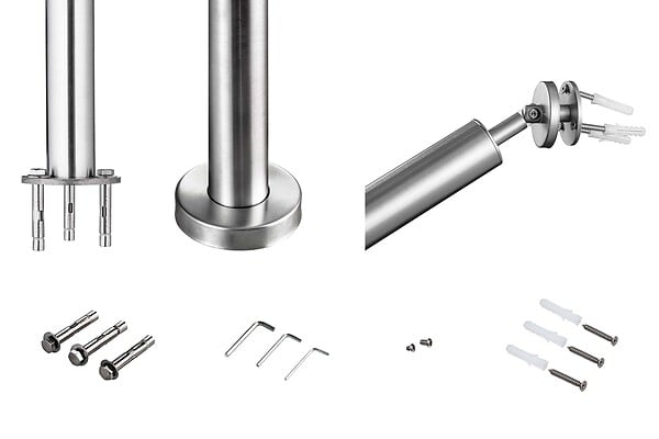 AICA SANITAIRE - Garde-corps 150cm argenté, 1 main courante et 1 poteau, inox 201, réglable 0-145°, pour entrée de jardin ou de maison - kit complet - large
