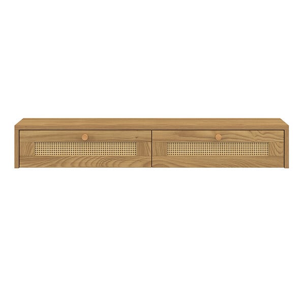 ID MARKET - Etagère murale console d'entrée HANAE 2 tiroirs effet naturel cannage - large