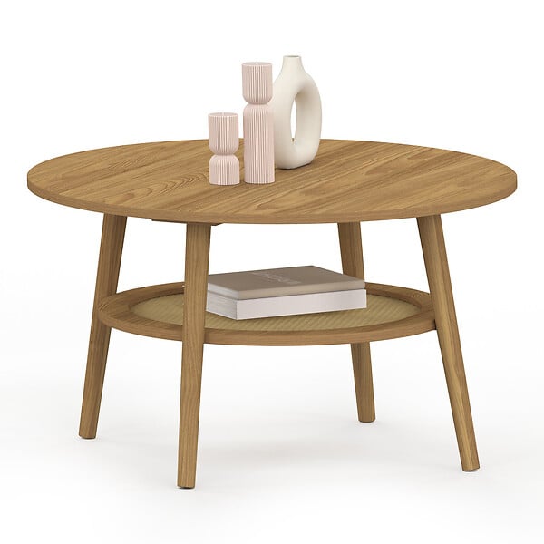 ID MARKET - Table basse ronde HANAE 70 cm bois façon hêtre et plateau effet naturel cannage - large