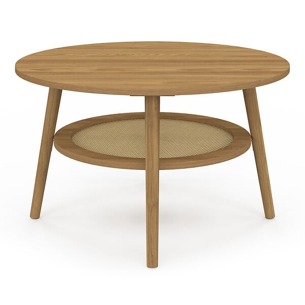 ID MARKET - Table basse ronde HANAE 70 cm bois façon hêtre et plateau effet naturel cannage - large