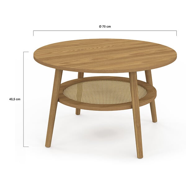 ID MARKET - Table basse ronde HANAE 70 cm bois façon hêtre et plateau effet naturel cannage - large