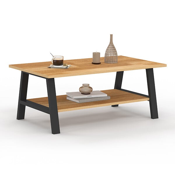 ID MARKET - Table basse rectangulaire MADELEINE 100 cm double plateau bois et noir - large