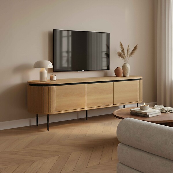 OVIALA - Meuble TV rectangulaire 2 portes L160 cm effet bois clair - Hemera - large