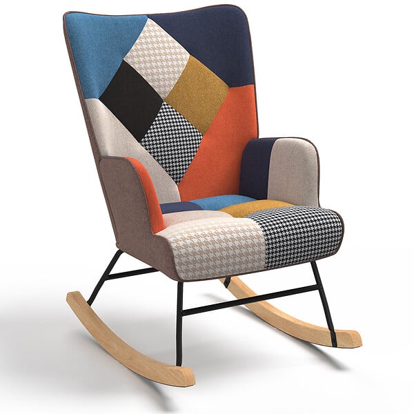 ID MARKET - Fauteuil scandinave IVAR en tissu à bascule patchwork multicouleurs - large