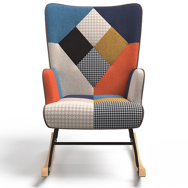 ID MARKET - Fauteuil scandinave IVAR en tissu à bascule patchwork multicouleurs - large