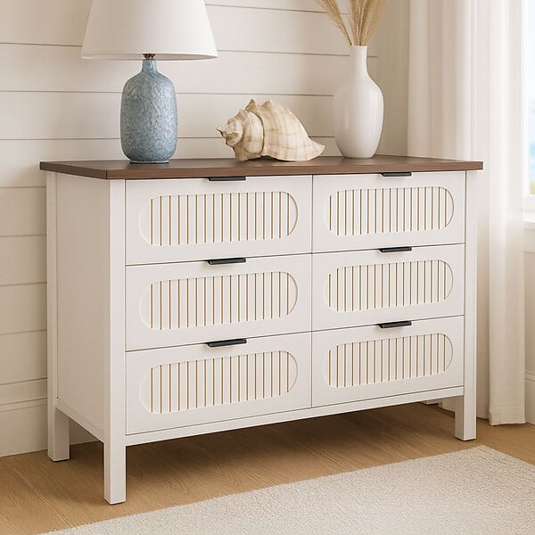 CONCEPT USINE - Commode 6 tiroirs blanc rainuré et bois 120cm BRIX - large