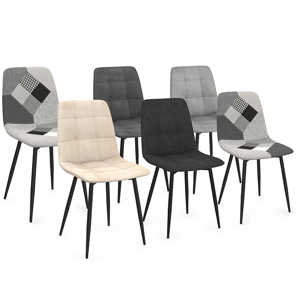 ID MARKET - Lot de 6 chaises MILA en velours gris foncé, gris clair, beige, noir et patchworks noir, gris et blanc x2 pour salle à manger - large