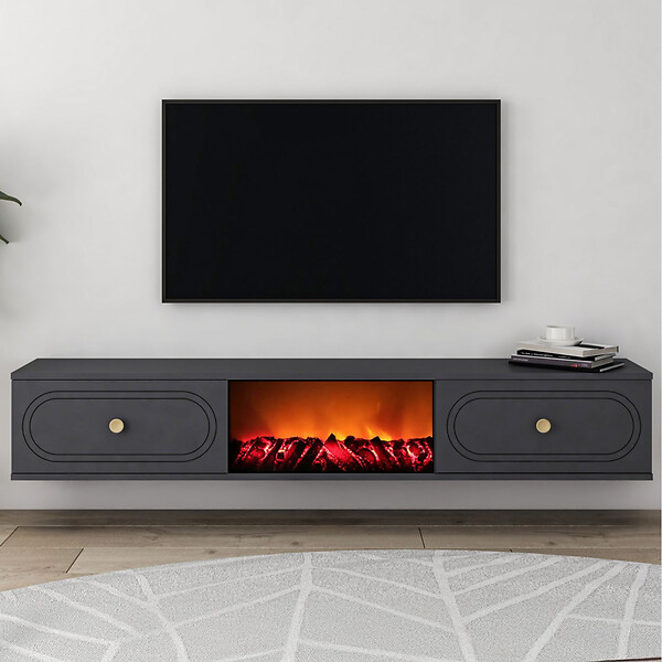 CONCEPT USINE - Meuble TV avec cheminée LED 150cm gris anthracite FYRI - large