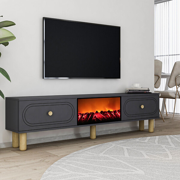 CONCEPT USINE - Meuble TV avec cheminée LED 150cm gris anthracite FYRI - large