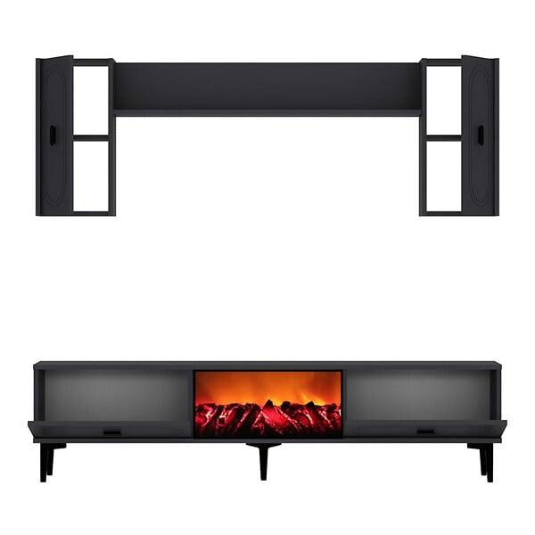 CONCEPT USINE - Ensemble meuble TV avec étagères murales et cheminée LED 150cm gris anthracite VIBRA - large