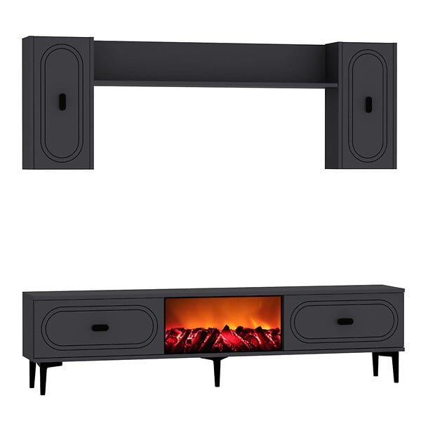 CONCEPT USINE - Ensemble meuble TV avec étagères murales et cheminée LED 150cm gris anthracite VIBRA - large