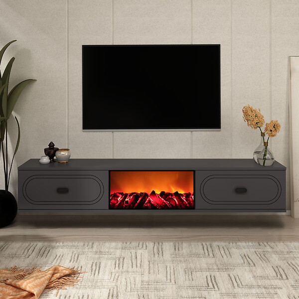 CONCEPT USINE - Meuble TV avec cheminée LED 150cm gris anthracite et noir FYRA - large