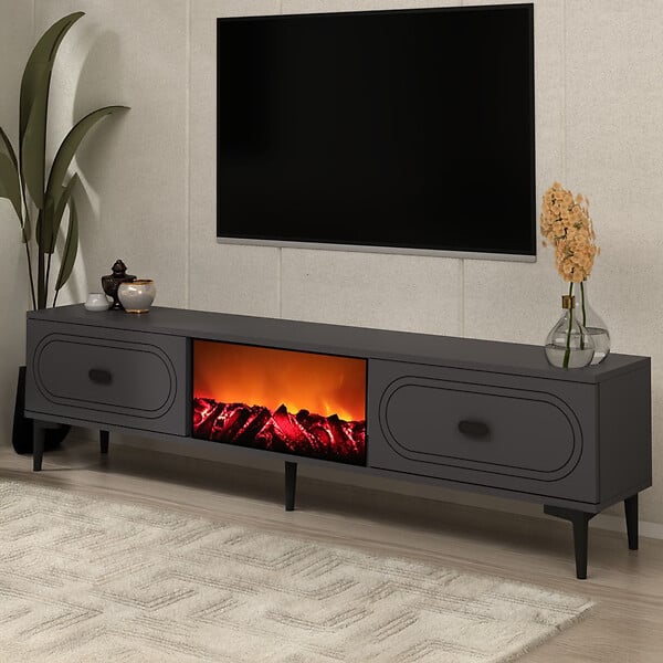 CONCEPT USINE - Meuble TV avec cheminée LED 150cm gris anthracite et noir FYRA - large