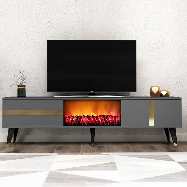 CONCEPT USINE - Meuble TV avec cheminée LED 150cm gris anthracite SUNY - large