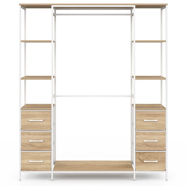 ID MARKET - Dressing double penderie + double colonne L. 140 cm UTAH avec 6 étagères et 6 bacs en tissu bois et blanc - large