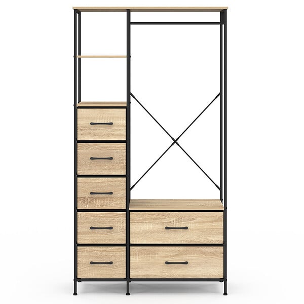 ID MARKET - Dressing penderie + colonne L. 90 cm UTAH avec 1 étagère et 7 bacs en tissu bois et noir - large