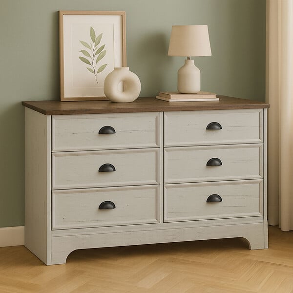 CONCEPT USINE - Commode 6 tiroirs blanc et bois 120cm VALLA - large