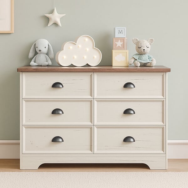 CONCEPT USINE - Commode 6 tiroirs blanc et bois 120cm VALLA - large