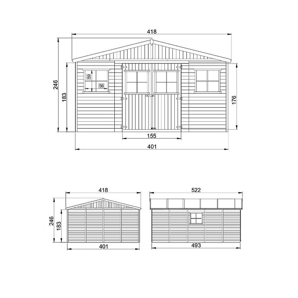 TIMBELA - TIMBELA M333+M333G Abri de jardin en bois H246x418x522 cm/20 m² - AVEC LES PLANCHERS IMPRÉGNÉ - large