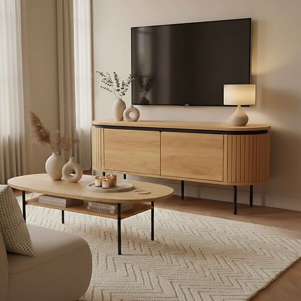 OVIALA - Meuble TV rectangulaire 2 portes L120 cm effet bois clair - Hemera - large