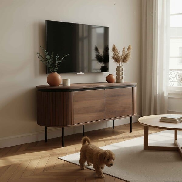 OVIALA - Meuble TV rectangulaire 2 portes L120 cm effet bois foncé - Hemera - large