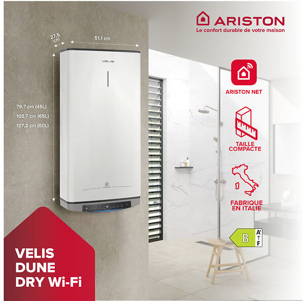ARISTON - Chauffe-eau plat Velis Dune Evo Dry Wifi 80L + Kit installation Ariston - large