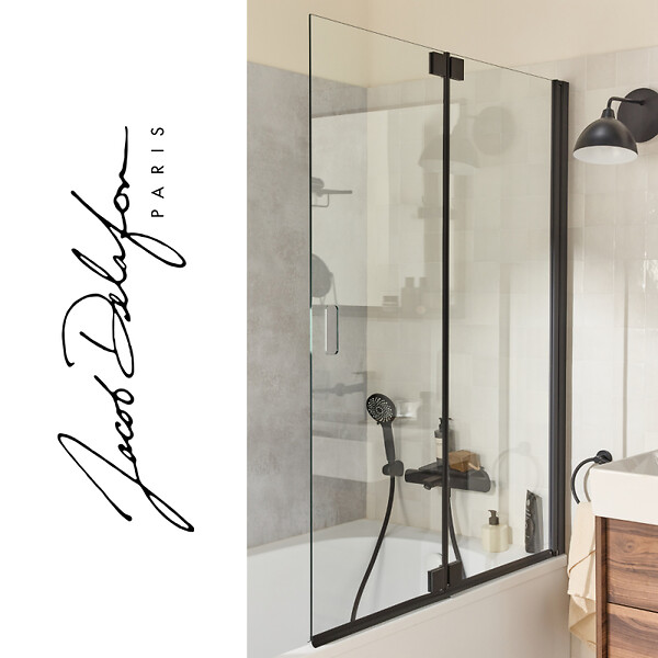 JACOB DELAFON - Pack baignoire bain douche 170 x 90 Bastille vidage à gauche blanc brillant + tablier en niche + pare-bain noir - large
