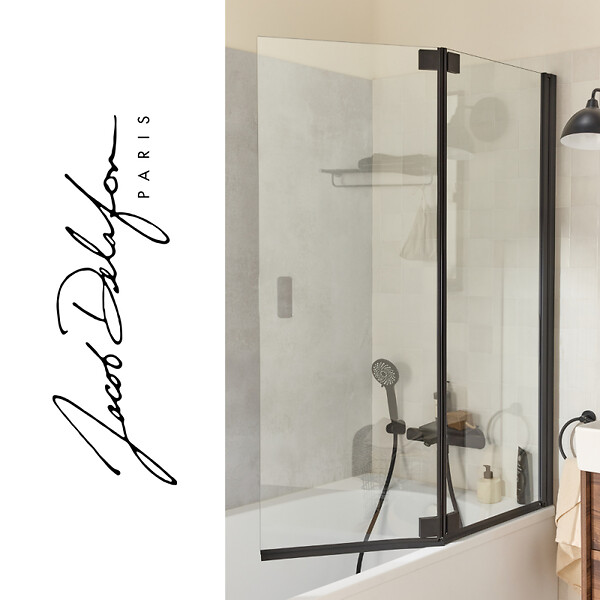 JACOB DELAFON - Pack baignoire bain douche 170 x 90 Bastille vidage à gauche blanc brillant + tablier en niche + pare-bain noir - large