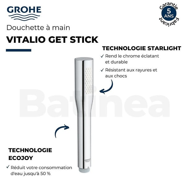 GROHE - Pack mitigeur thermostatique BD Trend avec colonnettes + Douchette 1 jet Vitalio Get Stick + Flexible 1750 mm - large