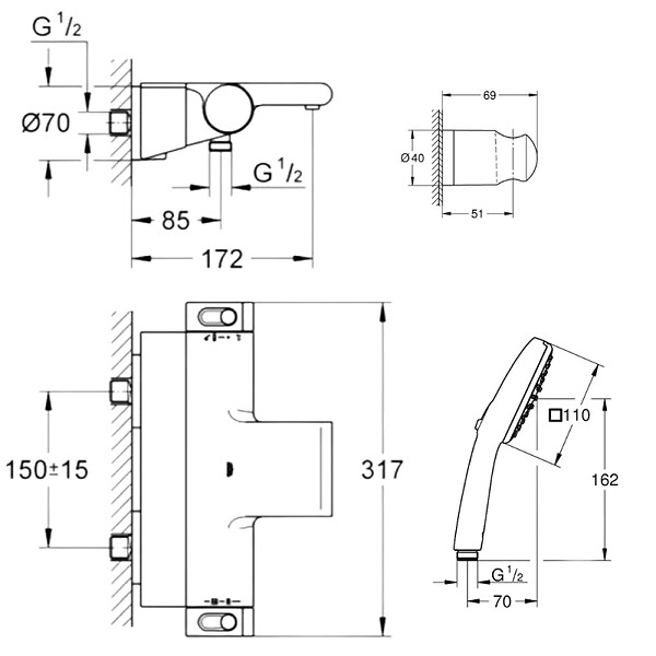 GROHE - Pack mitigeur bain douche thermostatique Grohtherm 2000 + Douchette 2 jets Comfort110 + Flexible1750 mm et support - large