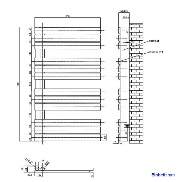 EMKE - EMKE Sèche-serviettes à Eau Chaude Panneau Plat, Sèche-serviettes connexion latérale pour, Anthracite 1041x600mm 670Watts - large