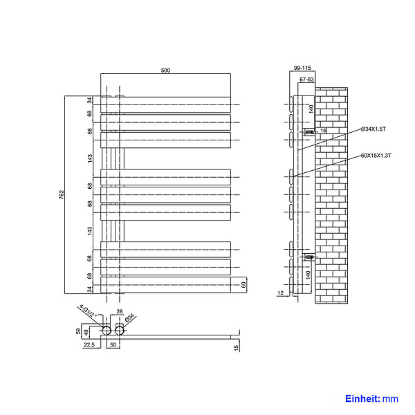 EMKE - EMKE Sèche-serviettes à Eau Chaude Panneau Plat, Sèche-serviettes connexion latérale pour, Anthracite 762x500mm 397Watts - large