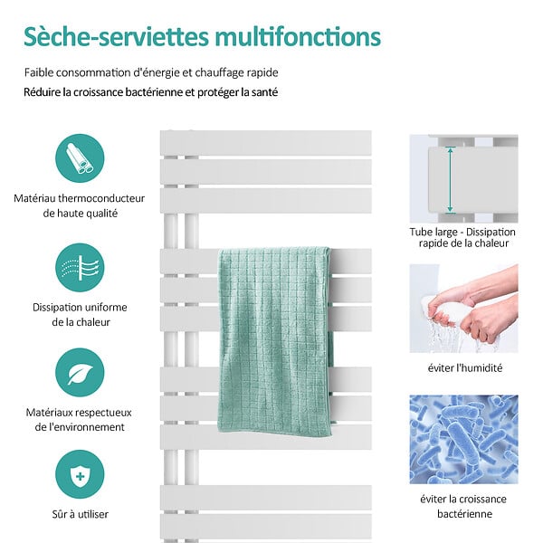 EMKE - EMKE Sèche-serviettes à Eau Chaude Panneau Plat, Sèche-serviettes connexion latérale pour, Blanc 1041 x 400mm 456 Watts - large