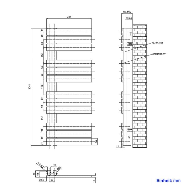 EMKE - EMKE Sèche-serviettes à Eau Chaude Panneau Plat, Sèche-serviettes connexion latérale pour, Blanc 1041 x 400mm 456 Watts - large