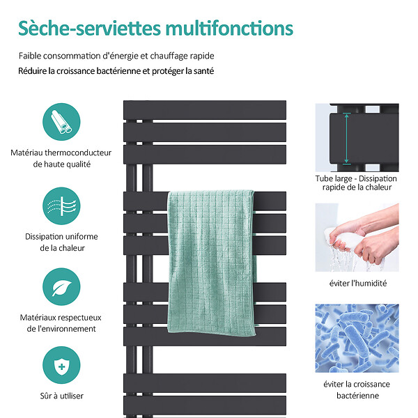 EMKE - EMKE Sèche-serviettes à Eau Chaude Panneau Plat, Sèche-serviettes connexion latérale pour, Noir 1041x500mm 529Watts - large