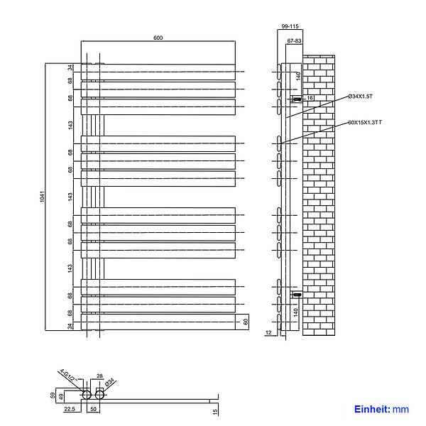 EMKE - EMKE Sèche-serviettes à Eau Chaude Panneau Plat, Sèche-serviettes connexion latérale pour, Blanc 1041x600mm 639Watts - large