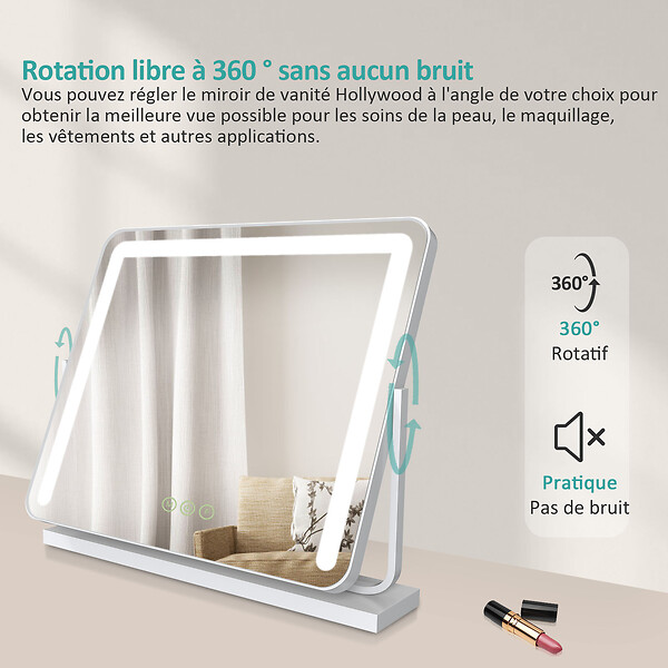 EMKE - EMKE Miroir cosmétique 60x51.6cm, avec 3 LED de couleur à intensité variable, miroir carré blanc orientable sur 360° - large