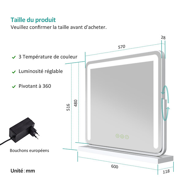 EMKE - EMKE Miroir cosmétique 60x51.6cm, avec 3 LED de couleur à intensité variable, miroir carré blanc orientable sur 360° - large