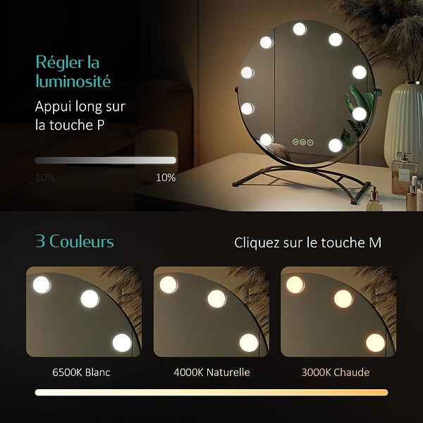 EMKE - EMKE Miroir de maquillage Hollywood avec Ampoules LED Miroir grossissant Interrupteur tactile 3 couleurs dimmable Rotation à 360° - Cadre Noir 47x40cm - large