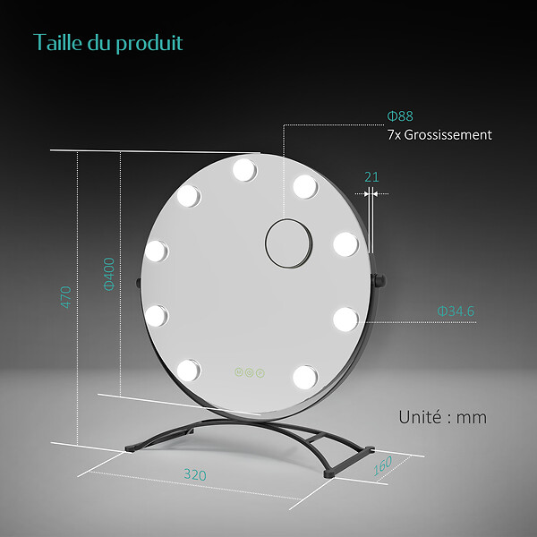 EMKE - EMKE Miroir de maquillage Hollywood avec Ampoules LED Miroir grossissant Interrupteur tactile 3 couleurs dimmable Rotation à 360° - Cadre Noir 47x40cm - large