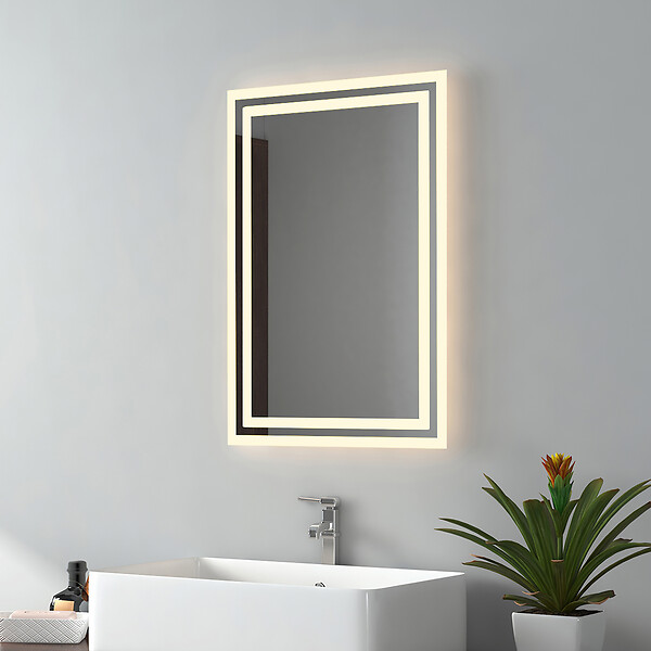 EMKE - EMKE Miroir lumineux salle de bain 60x40cm, Miroir LED avec Interrupteur à bouton, Anti-buée, Miroir avec éclairage lumière Blanche Froide/Chaude - large