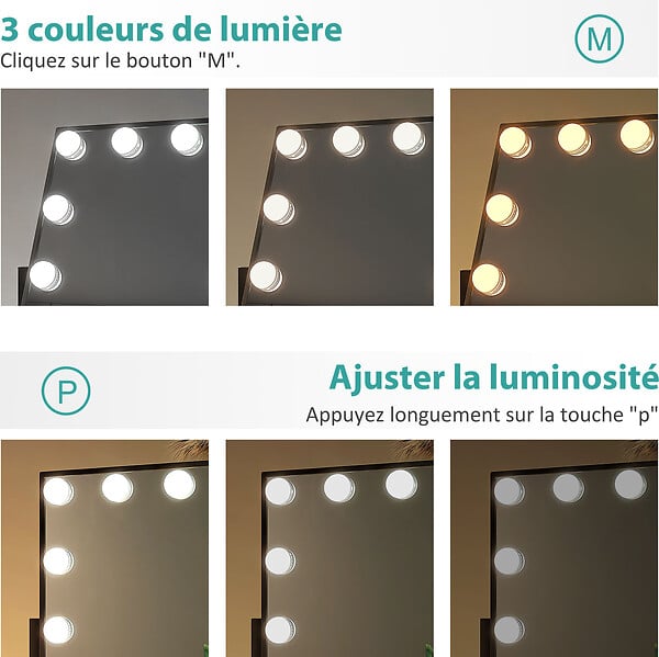 EMKE - EMKE Hollywood miroir de courtoisie avec lumière, 47.5x36.5cm noir, miroir de coiffeuse pivotant à 360°, avec 3 lumières dimmables - large