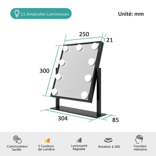EMKE - EMKE Hollywood miroir de courtoisie avec lumière, 47.5x36.5cm noir, miroir de coiffeuse pivotant à 360°, avec 3 lumières dimmables - large