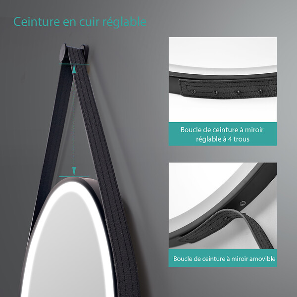 EMKE - EMKE Miroir lumineux salle de bain rond diamètre 50cm cadre noir, Sangle réglable, Miroir LED, Interrupteur Tactile, Lumière Froide - large