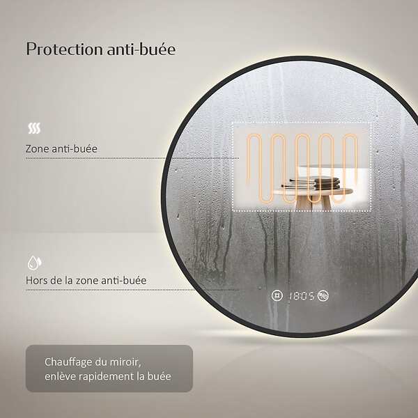 EMKE - EMKE Miroir lumineux salle de bain rond diamètre 60cm Cadre Noir, Miroir LED, Interrupteur Tactile, Anti-buée, Horloge et Temperature, Lumière Neutre - large