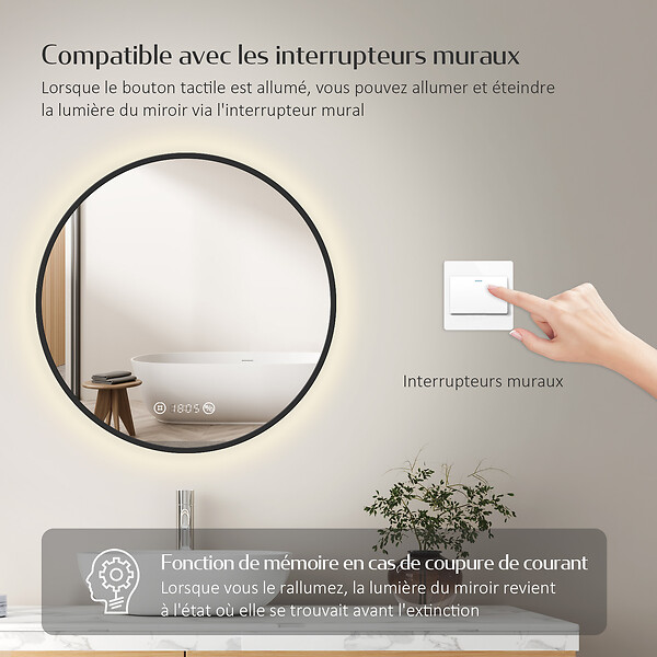 EMKE - EMKE Miroir lumineux salle de bain rond diamètre 60cm Cadre Noir, Miroir LED, Interrupteur Tactile, Anti-buée, Horloge et Temperature, Lumière Neutre - large