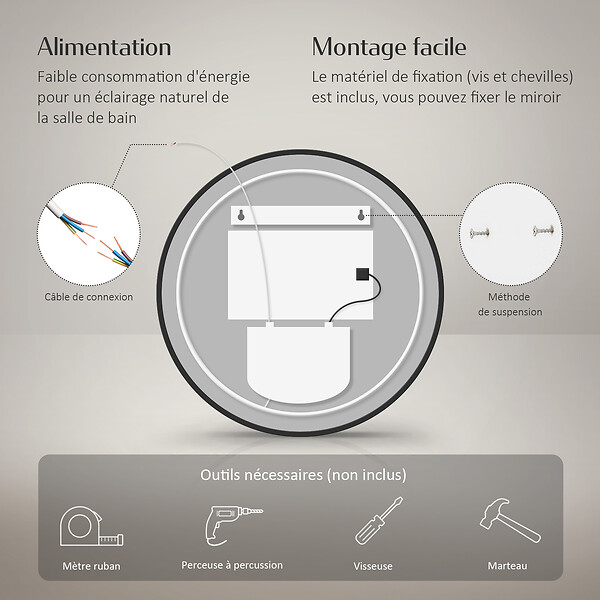 EMKE - EMKE Miroir lumineux salle de bain rond diamètre 60cm Cadre Noir, Miroir LED, Interrupteur Tactile, Anti-buée, Horloge et Temperature, Lumière Neutre - large
