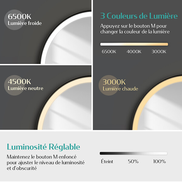 EMKE - EMKE Miroir lumineux salle de bain rond diamètre 50cm cadre noir, Sangle réglable, Miroir LED avec Interrupteur Tactile, Lumière Froide/Chaude/Neutre - large