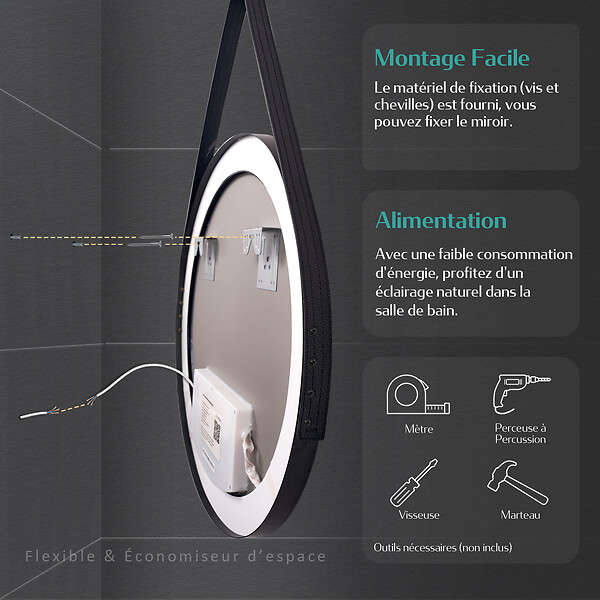 EMKE - EMKE Miroir lumineux salle de bain rond diamètre 50cm cadre noir, Sangle réglable, Miroir LED avec Interrupteur Tactile, Lumière Froide/Chaude/Neutre - large