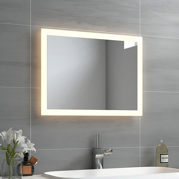 EMKE - EMKE Miroir lumineux salle de bain 60x45cm, Miroir LED avec Interrupteur à bouton, Anti-buée, Miroir avec éclairage lumière Blanche Froide/Chaude - large